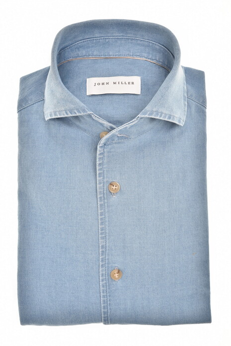 John Miller Slim Denim Subtle Cotton Stretch Contrast Buttons Overhemd Denim Blue