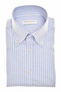 John Miller Slim Fit Casual Striped Button Down Organic Cotton Oxford Overhemd Licht Blauw