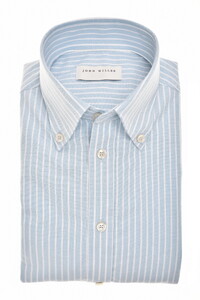 John Miller Slim Fit Casual Striped Button Down Organic Cotton Oxford Overhemd Midden Blauw