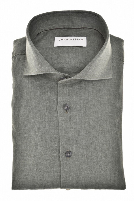 John Miller Slim Near Solid Color Linen Shirt Dark Green