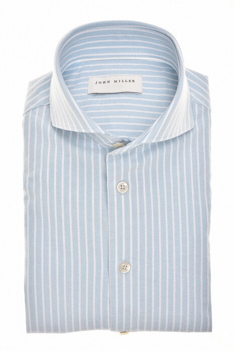 John Miller Slim Organic Cotton Striped Cutaway Collar Oxford Overhemd Midden Blauw