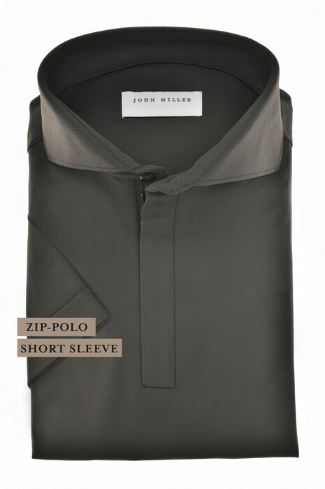 John Miller Slim Plain Hyperstretch Short Sleeve Zip Collar Polo Donker Groen