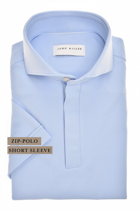 John Miller Slim Plain Hyperstretch Short Sleeve Zip Collar Polo Licht Blauw