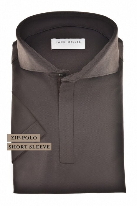 John Miller Slim Plain Hyperstretch Short Sleeve Zip Collar Poloshirt Dark Brown Melange