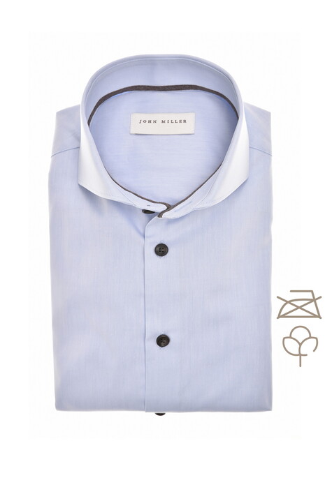 John Miller Solid Color Fine Contrast Detail Non-Iron Cotton Overhemd Lichtblauw-Donkerbruin