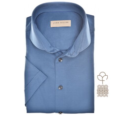 John Miller Solid Color Slim Short Sleeve Cutaway Jersey Overhemd Blauw