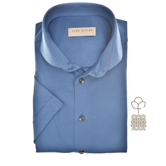 John Miller Solid Color Slim Short Sleeve Cutaway Jersey Overhemd Blauw