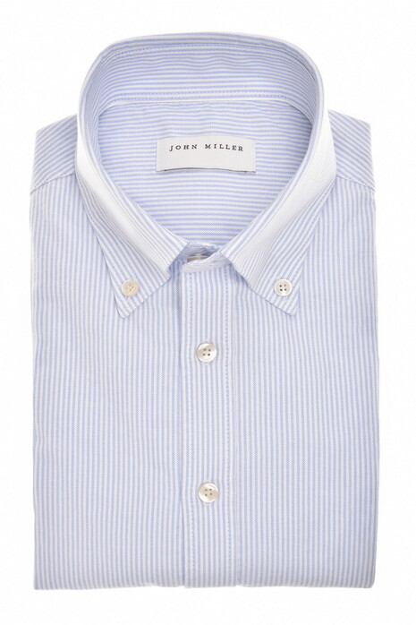 John Miller Striped Slim Casual Organic Cotton Oxford Button-Down Overhemd Licht Blauw