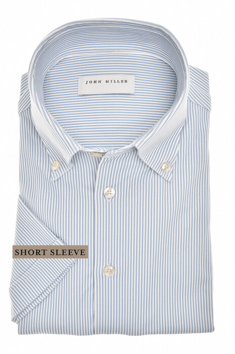 John Miller Striped Slim Short Sleeve Hyperstretch Overhemd Licht Blauw