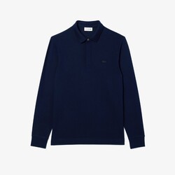 Lacoste Paris Stretch Cotton Piqué Hidden Button Placket Long Sleeve Polo Navy