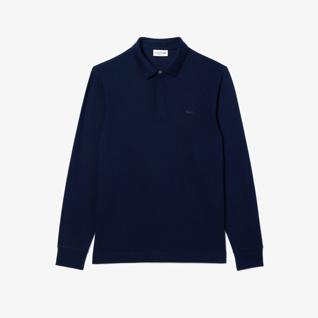 Lacoste Paris Stretch Cotton Piqué Hidden Button Placket Long Sleeve Polo Navy