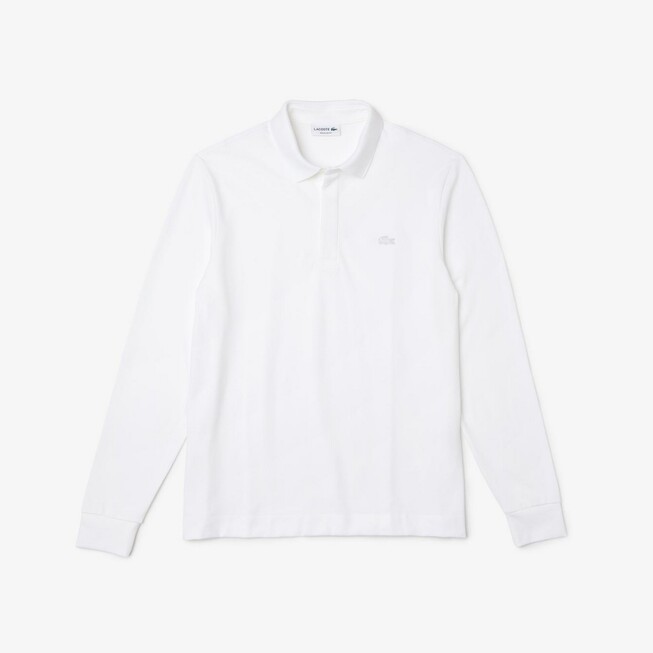 Lacoste Paris Stretch Cotton Piqué Hidden Button Placket Long Sleeve Polo Wit
