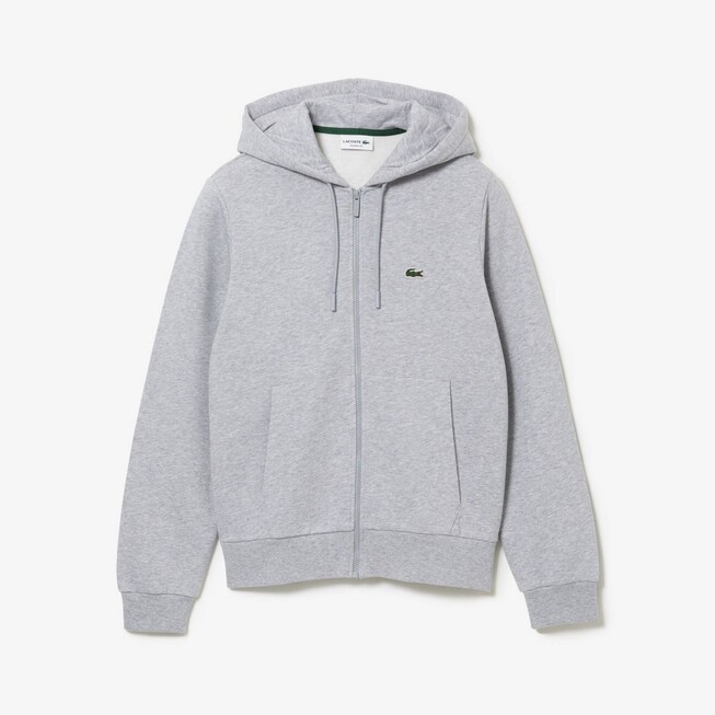 Lacoste Sweat Zipper Hoodie Organic Brushed Cotton Blend Fleece Vest Silver Chine