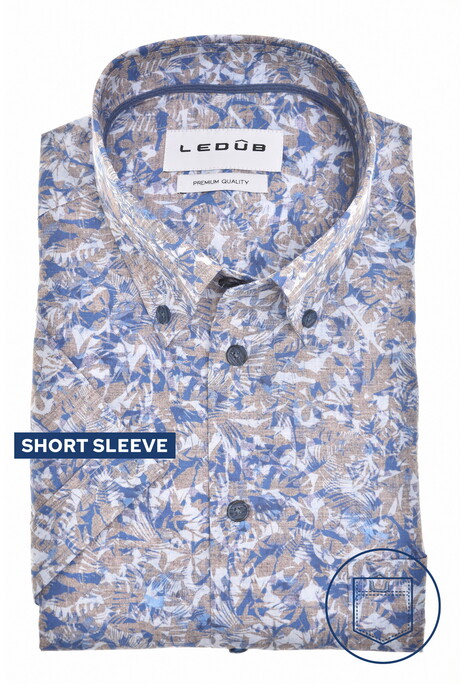 Ledûb Allover Fantasy Leaves Pattern Button-Down Comfort Blend Fabric Overhemd Midden Blauw
