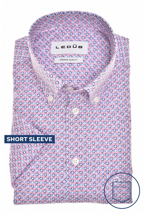 Ledûb Allover Fantasy Pattern Easy-Care Cotton Button-Down Overhemd Lichtblauw-Rood