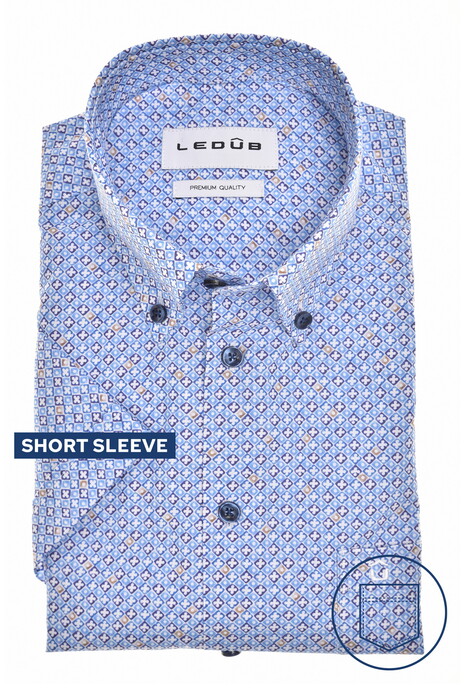 Ledûb Allover Fantasy Pattern Easy-Care Cotton Button-Down Overhemd Midden Blauw