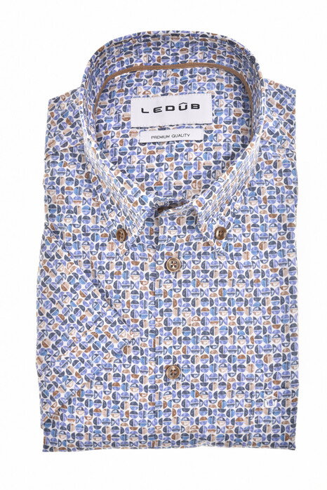 Ledûb Allover Half Circles Pattern Comfort Fabric Blend Short Sleeve Overhemd Midden Blauw