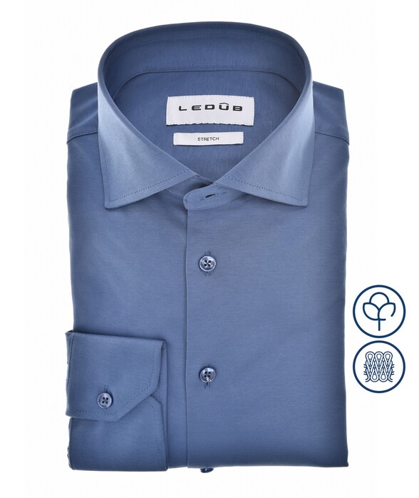 Ledûb Cotton Jersey Stretch Solid Color Overhemd Midden Blauw