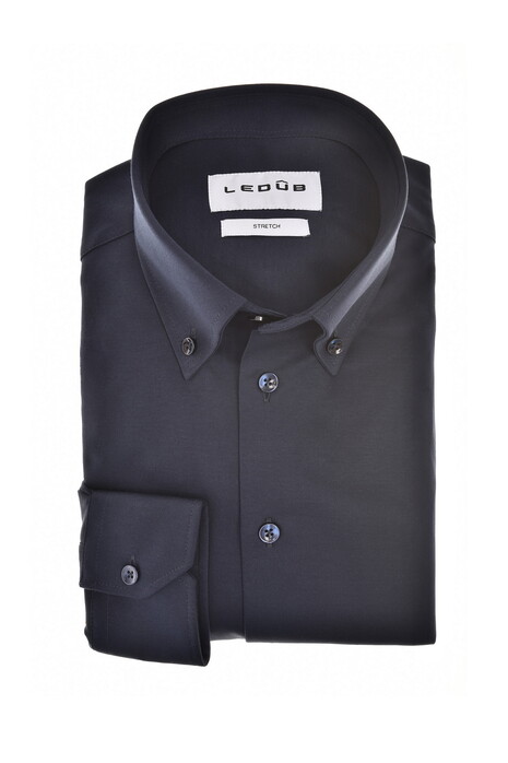 Ledûb Cotton Jersey Stretch Uni Color Button-Down Overhemd Blauw