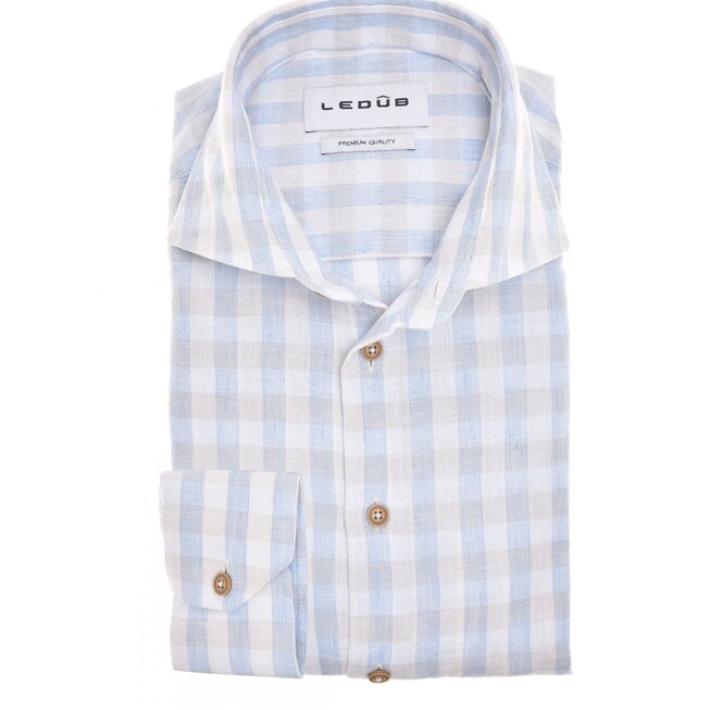 Ledûb Cotton-Linen Blend Check Overhemd Blauw