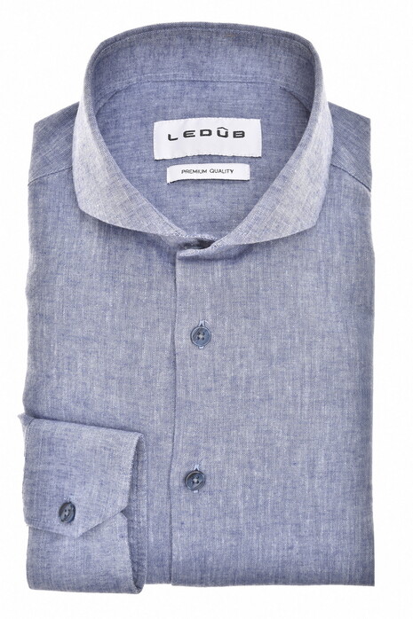 Ledûb Cotton Linnen Blend Cutaway Collar Overhemd Donker Blauw