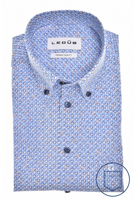 Ledûb Easy Iron Cotton Allover Fantasy Pattern Overhemd Midden Blauw