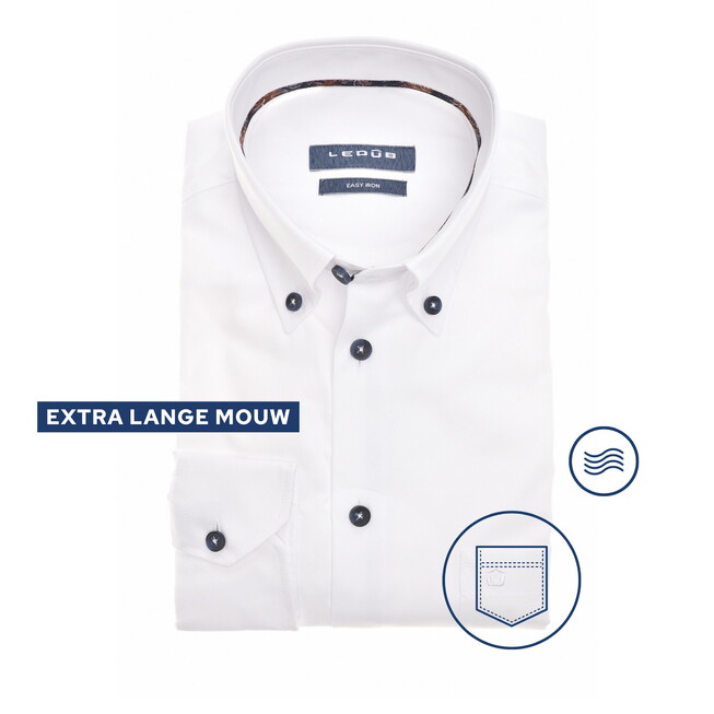 Ledûb Extra Lange Mouw Uni Color Easy Care Cotton Blend Overhemd Wit-Donkerbruin