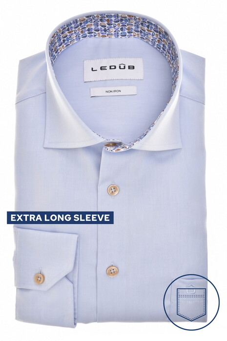 Ledûb Extra Long Sleeve Cotton Non-Iron Subtle Contrast Fabric Overhemd Lichtblauw-Blauw