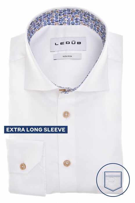 Ledûb Extra Long Sleeve Cotton Non-Iron Subtle Contrast Fabric Overhemd Wit-Blauw