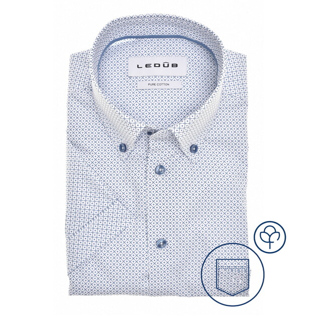 Ledûb Fantasy Check Dot Pattern Short Sleeve Button-Down Overhemd Midden Blauw