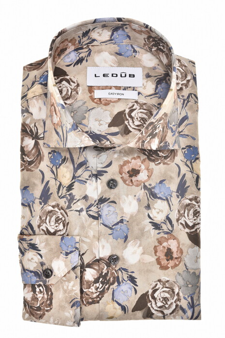 Ledûb Fantasy Floral Pattern Easy-Iron Cotton Overhemd Midden Bruin