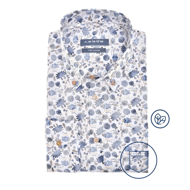 Ledûb Fantasy Leaves Pattern Button-Down Pure Cotton Overhemd Wit-Blauw