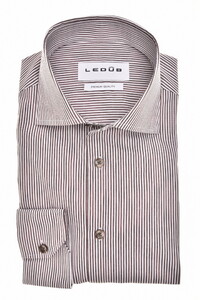 Ledûb Fine Striped Wide-Spread Comfort Blend Fabric Overhemd Donker Bruin