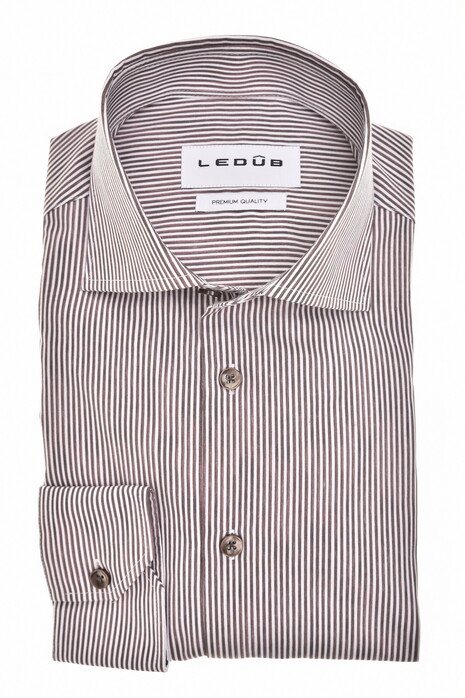 Ledûb Fine Striped Wide-Spread Comfort Blend Fabric Overhemd Donker Bruin