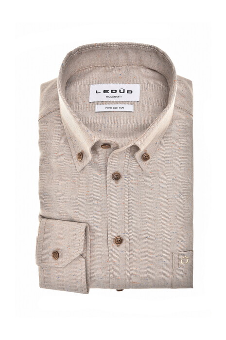 Ledûb Herringbone Fine Pattern Button-Down Shirt Light Brown