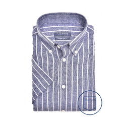 Ledûb Linen Stripe Short Sleeve Button-Down Modern Fit Overhemd Donker Blauw