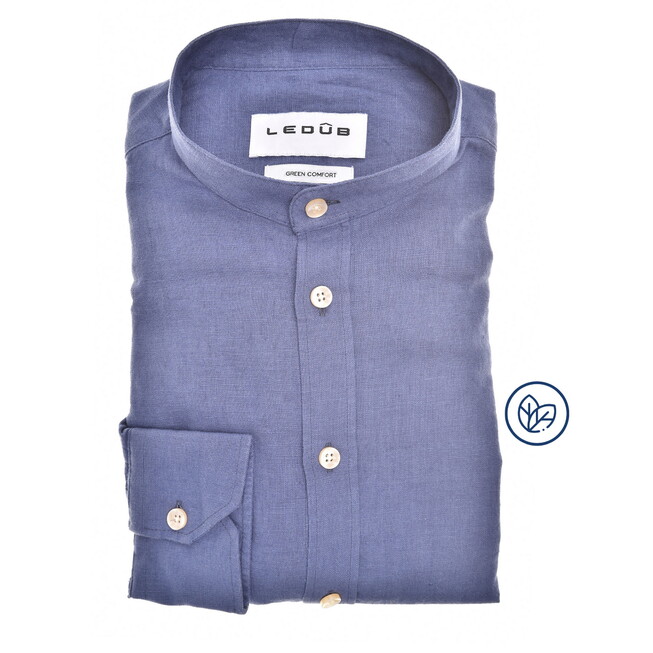 Ledûb Linnen Blend Slim Casual Overhemd Midden Blauw