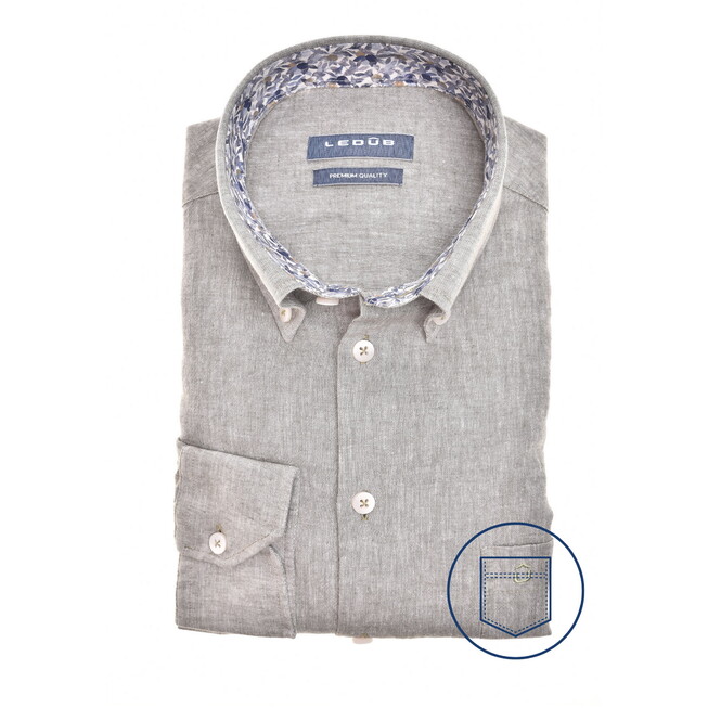 Ledûb Linnen Cotton Button-Down Melange Overhemd Midden Groen