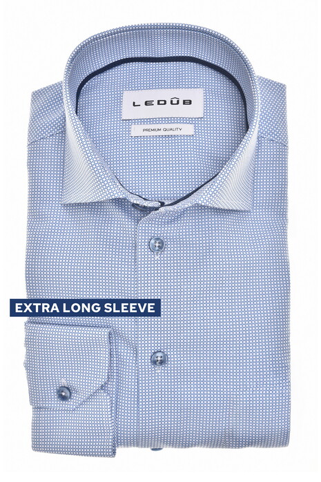 Ledûb Modern Fine Abstract Pattern Extra Long Sleeve 7 Comfort Fabric Overhemd Midden Blauw