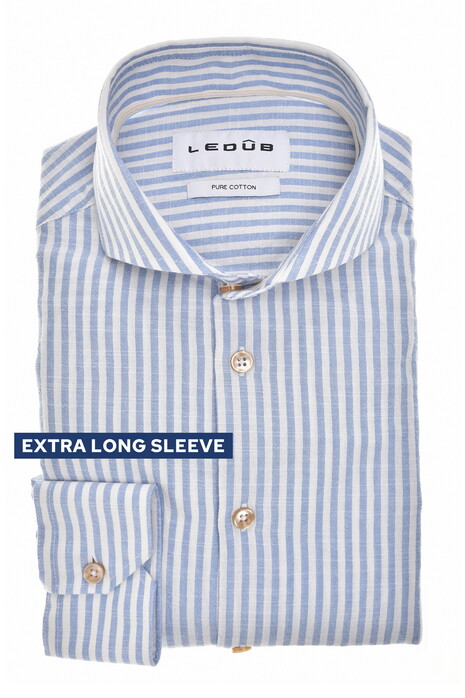 Ledûb Modern Linnen Look Pure Cotton Allover Stripe Overhemd Midden Blauw