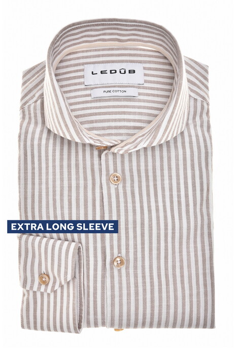 Ledûb Modern Linnen Look Pure Cotton Allover Stripe Overhemd Midden Bruin