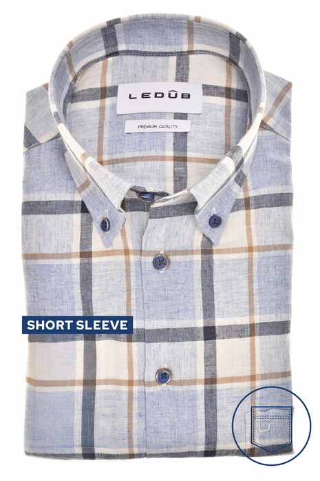 Ledûb Multi Check Button-Down Cotton Linnen Short Sleeve Overhemd Donker Blauw