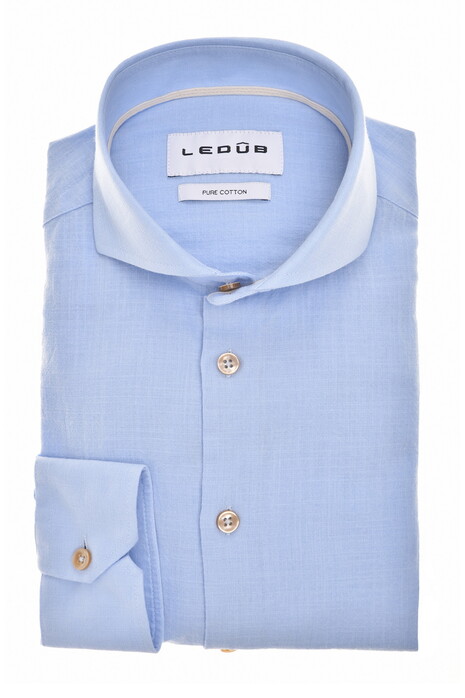 Ledûb Pure Cotton Linnen Look Subtle Contrast Details Overhemd Licht Blauw