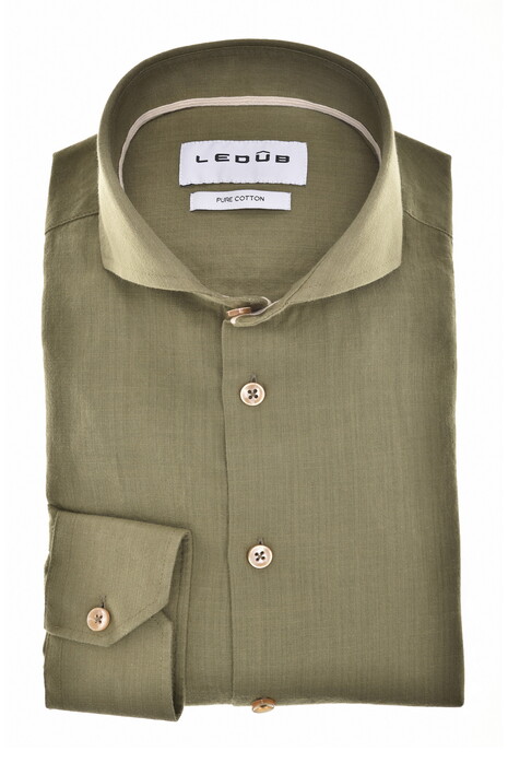 Ledûb Pure Cotton Linnen Look Subtle Contrast Details Overhemd Midden Groen