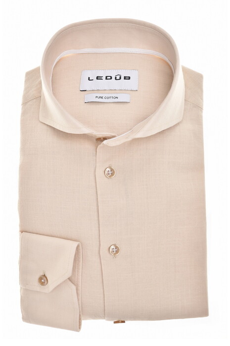Ledûb Pure Cotton Linnen Look Subtle Contrast Details Overhemd Zand