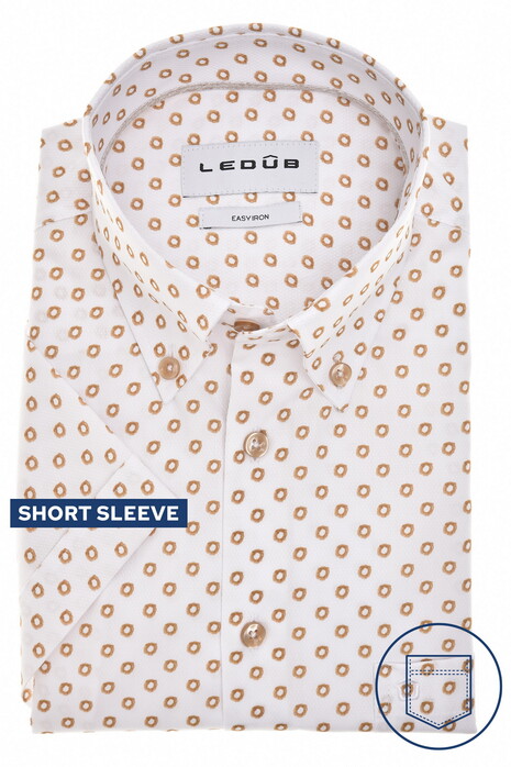 Ledûb Short Sleeve Allover Circle Pattern Button-Down Easy Care Cotton Overhemd Licht Bruin