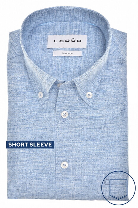 Ledûb Short Sleeve Button-Down Easy Care Cotton Overhemd Midden Blauw