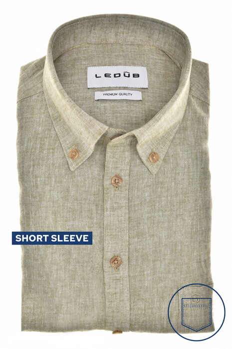 Ledûb Short Sleeve Button-Down Linnen Cotton Blend Overhemd Groen