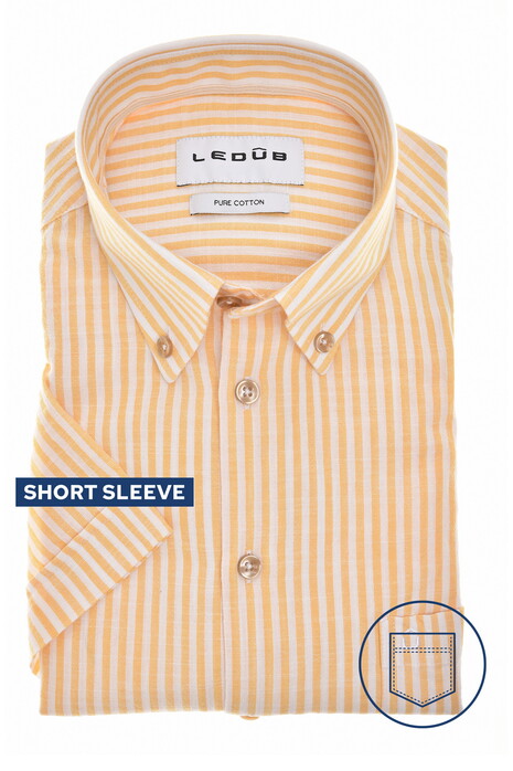 Ledûb Short Sleeve Striped Button Down Linnen Look Pure Cotton Overhemd Lichtgeel