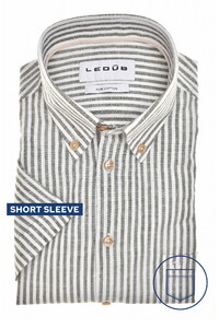 Ledûb Short Sleeve Striped Button Down Linnen Look Pure Cotton Overhemd Midden Groen